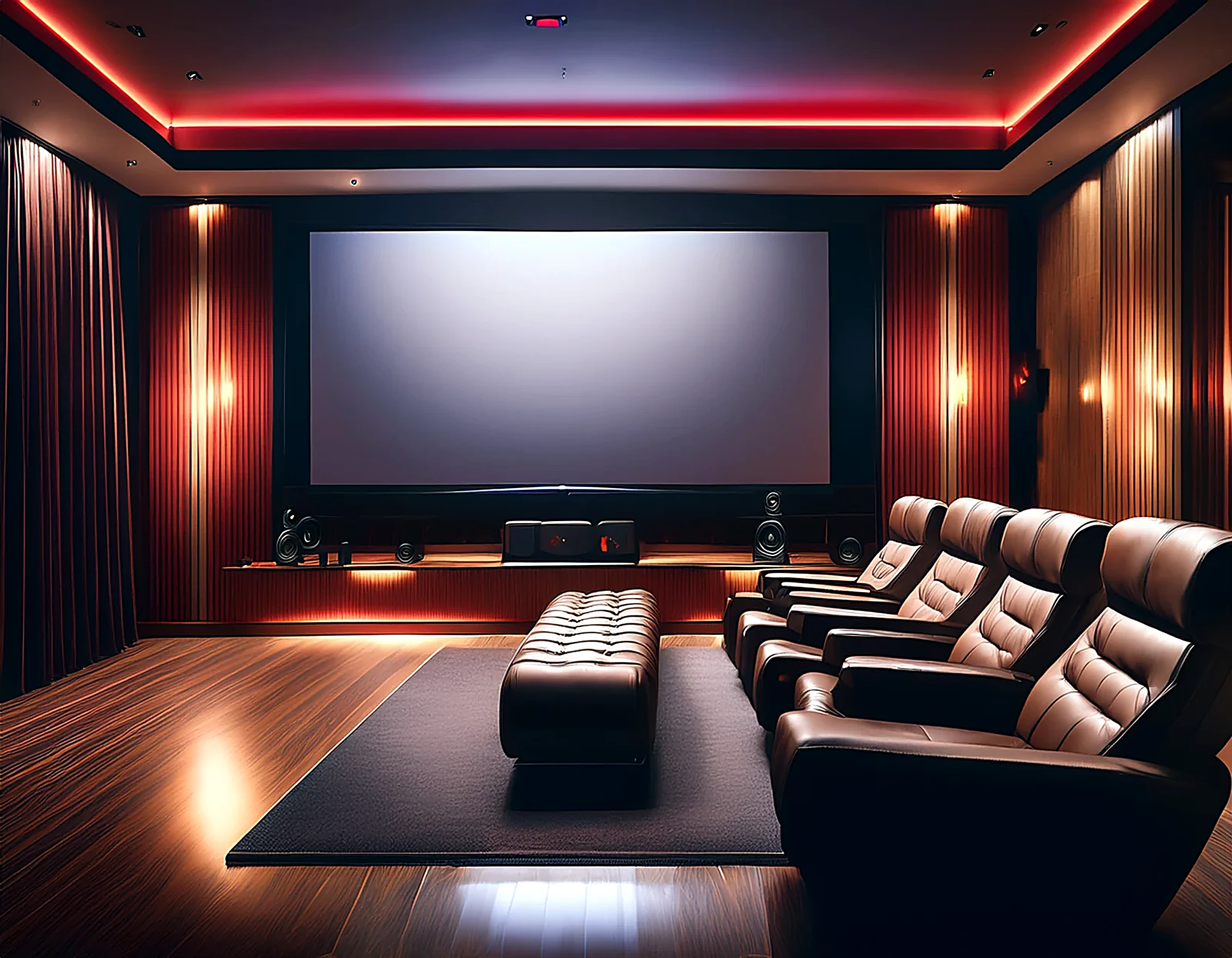 Home cinema with motorized screen, cove lighting and a control panel