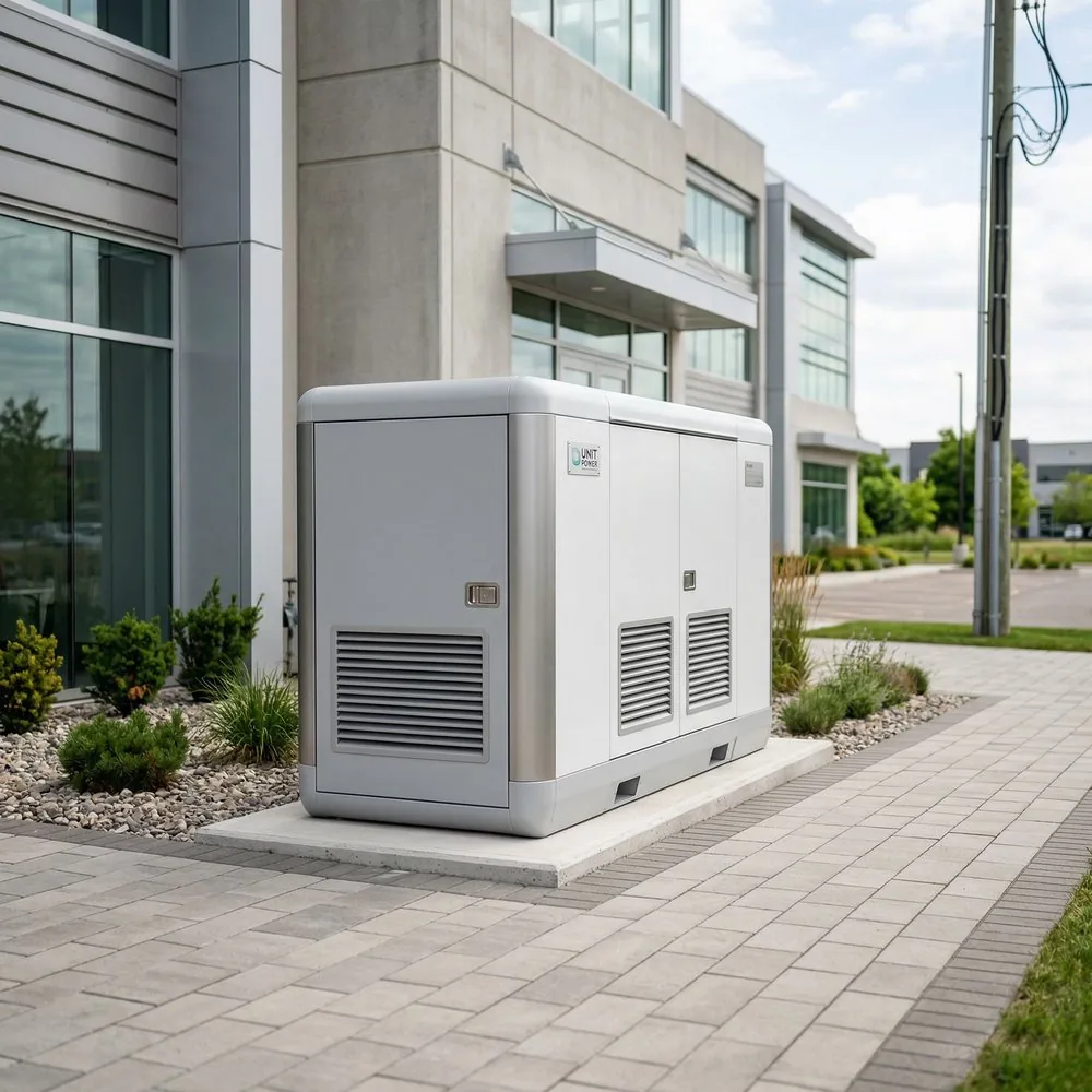 GenX Grid Boost power expansion unit installed beside a commercial building